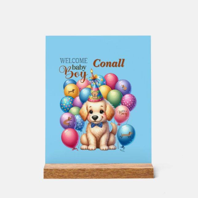 Willkommen Baby Boy Welpe Hund und Balloons Design Acrylschild (Vorderseite)