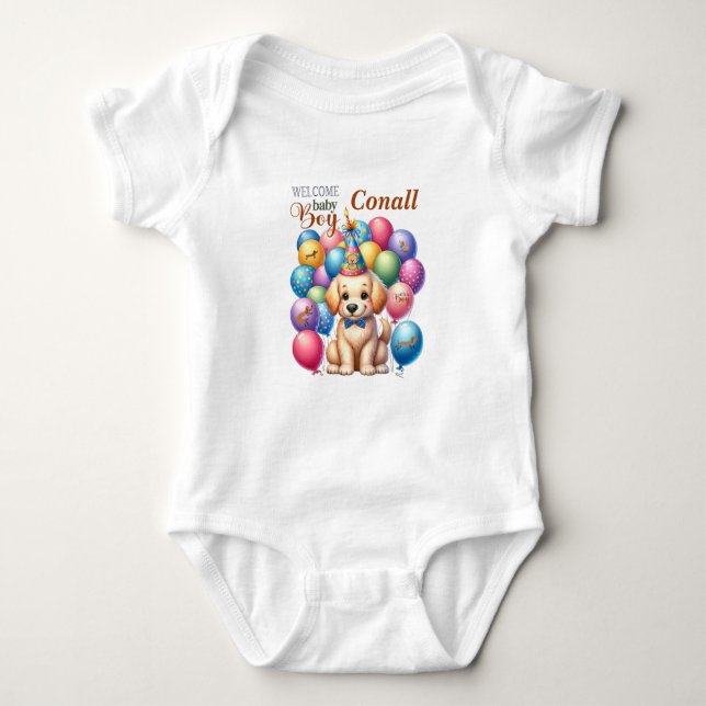 Willkommen Baby Boy Welpe Hund und Balloons Design Baby Strampler (Vorderseite)