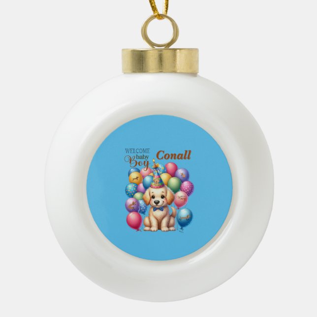 Willkommen Baby Boy Welpe Hund und Balloons Design Keramik Kugel-Ornament (Vorderseite)