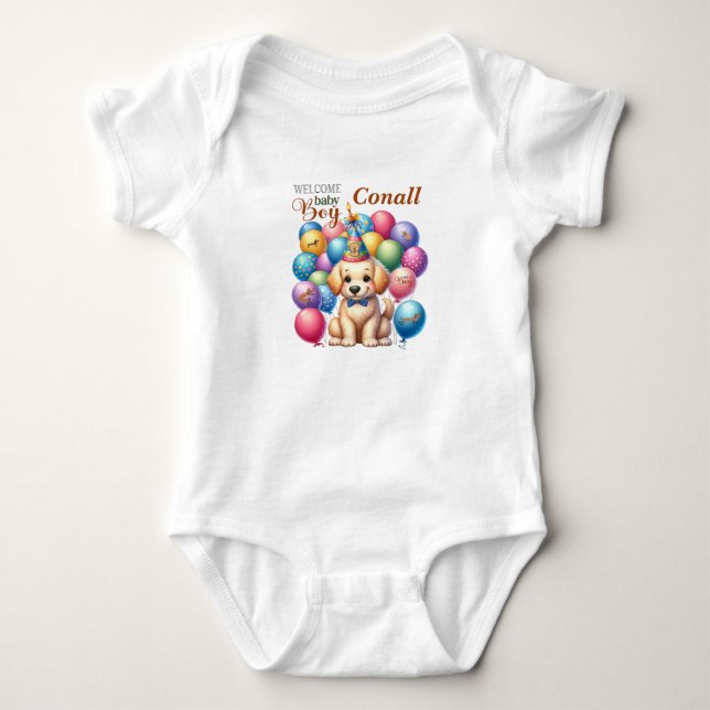 Willkommen Baby Boy Welpe Hund und Balloons Design Strampler (Vorderseite)