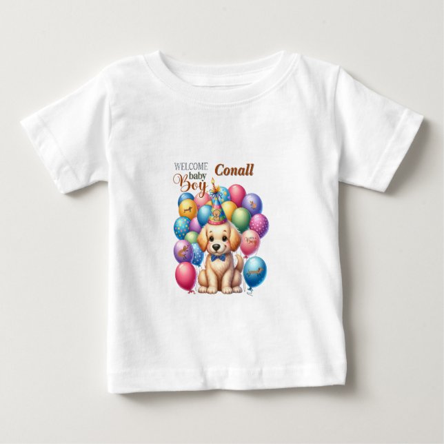 Willkommen Baby Boy Welpe Hund und Balloons Design T-shirt (Vorderseite)