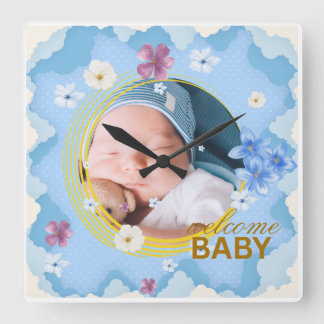 Willkommen Baby Junge Benutzerdefinierter Foto-Kaf Quadratische Wanduhr