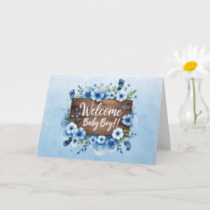 Willkommen Baby-Junge-Holzschild und Blumen Karte
