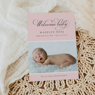 Willkommen Baby Mädchen Rosa Damast Foto Geburtsan Ankündigung