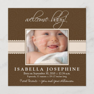 Willkommen Baby! Taupe Ribbon Birth Ankündigung