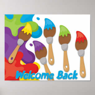 Willkommen Back Paintbrushs mit Primärfarben Poster