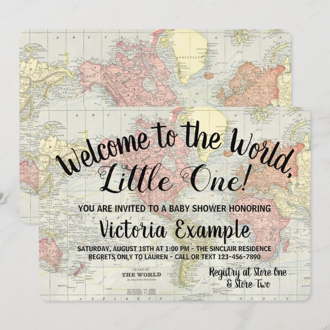 Willkommen bei den World Map Baby Shower Einladung (Vorne/Hinten)