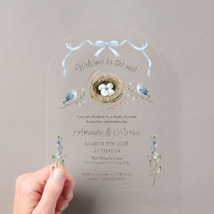 Willkommen bei der Nest Blue Ribbon Babyparty Acryleinladungen