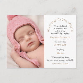 Willkommen bei der Welt Baby Girl Foto Typografie Postkarte
