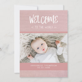 Willkommen bei der Welt Pink Burlap Baby Girl Birt Ankündigung