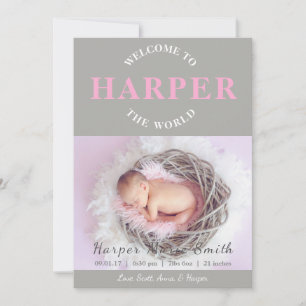 Willkommen bei der "World Pink Graue Birth Ankündi Einladung