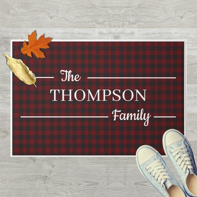 Willkommen bei Fall Red und Black Kariert Family N Fußmatte (Personalized Fall Family Name Buffalo Red And Black Plaid Doormat )
