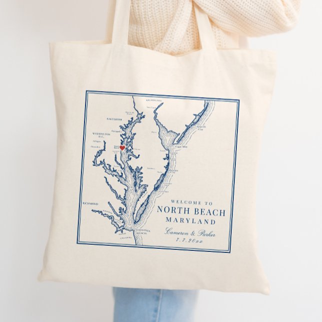 Willkommen bei North Beach Maryland Elegant Weddin Tragetasche (Welcome To North Beach Maryland Wedding Tote Bag in elegant navy blue from Coastal Map Designs)