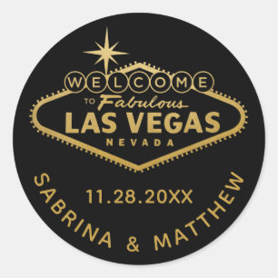 Willkommen bei Vegas Sign Black mit Gold Runder Aufkleber