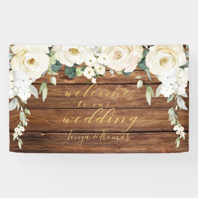 Willkommen bei White Peony Gold Calligraphy Wood Banner (Horizontal)