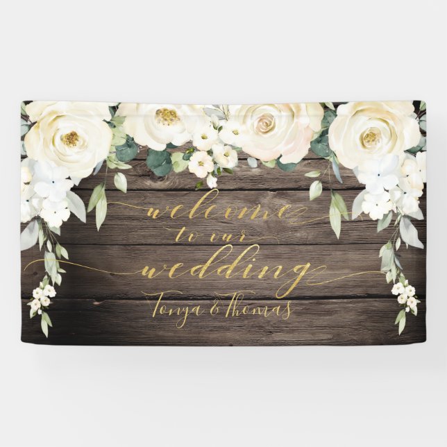 Willkommen bei White Peony Gold Calligraphy Wood Banner (Horizontal)