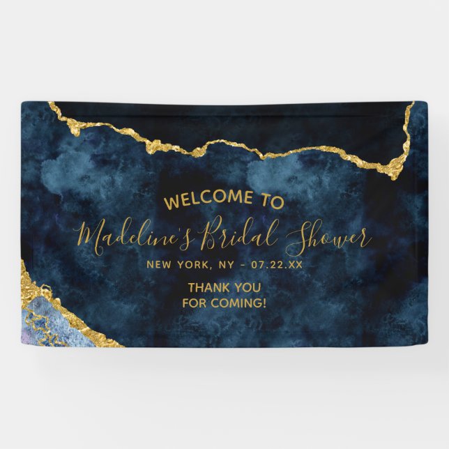 Willkommen beim Navy Blue Gold Foil Agate Brautpar Banner (Horizontal)