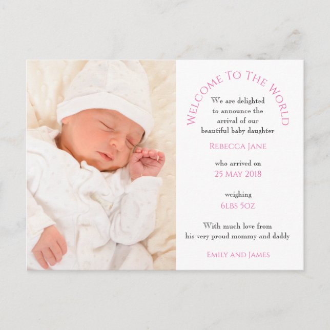 Willkommen beim World Baby Girl Foto Text White Postkarte (Vorderseite)
