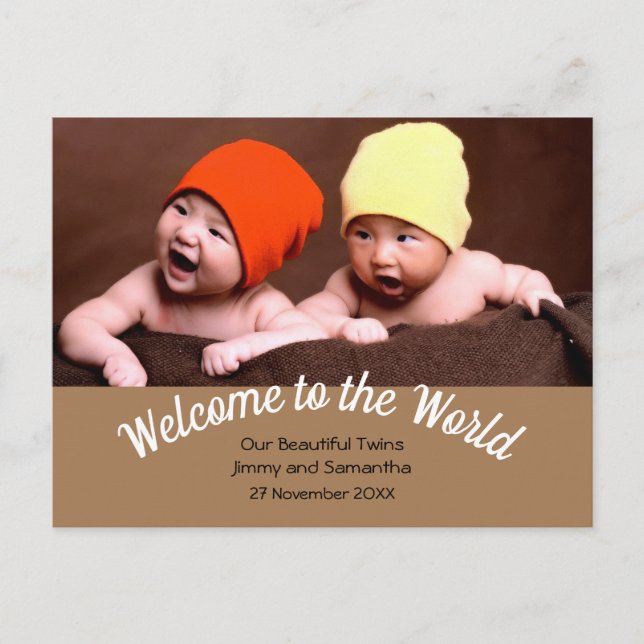 Willkommen beim World Twin Birth Announcement Foto Postkarte (Vorderseite)