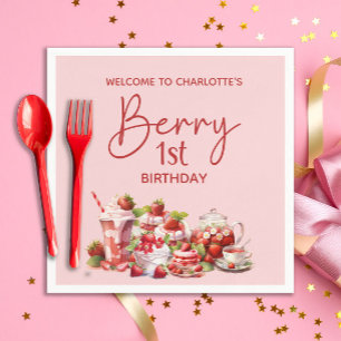 Willkommen Berry 1. Geburtstag Rosa Rote Erdbeere Serviette