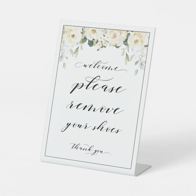 Willkommen Bitte entfernen Sie Ihre Schuhe weißes  Sockelschild (Vorderseite)