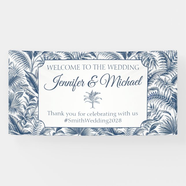 Willkommen Blue Palm Botanische Hochzeit Banner (Horizontal)
