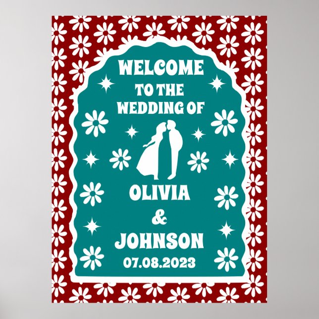 Willkommen Bold Dark Red Retro Boho Daisy Poster (Vorne)