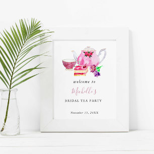 Willkommen Brautparty-Teeparty Rosa Wasserfarbe Poster