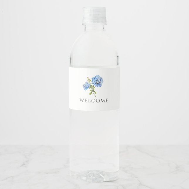 Willkommen | Chic Blaue Hortensien-Hochzeit Wasserflaschenetikett (Vorderseite)