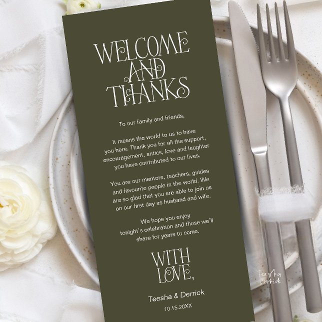 Willkommen & Danke, Gedeck Dankeskarten Programm (Welcome & Thanks, Place Setting Thank You Card in Olive Green)