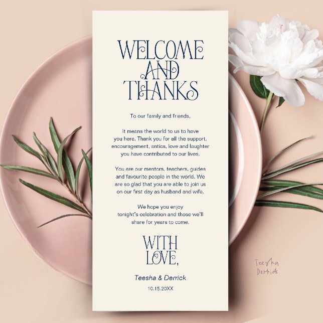 Willkommen & Danke, Platzdeckchen Dankeskarten Programm (Welcome & Thanks, Place Setting Thank You Card in Navy Blue and ivory)