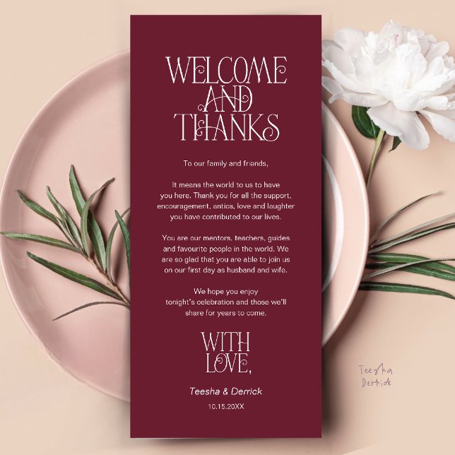 Willkommen & Danke, Platzdeckchen Dankeskarten Programm (Welcome & Thanks, Place Setting Thank You Card in Wine Red Burgundy)