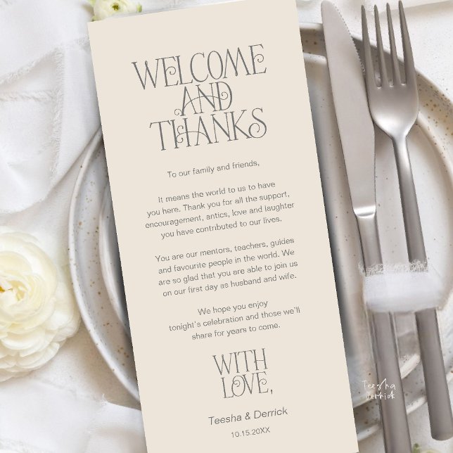 Willkommen & Danke, Platzdeckchen Dankeskarten Programm (Welcome & Thanks, Place Setting Thank You Card in Cream Grey)