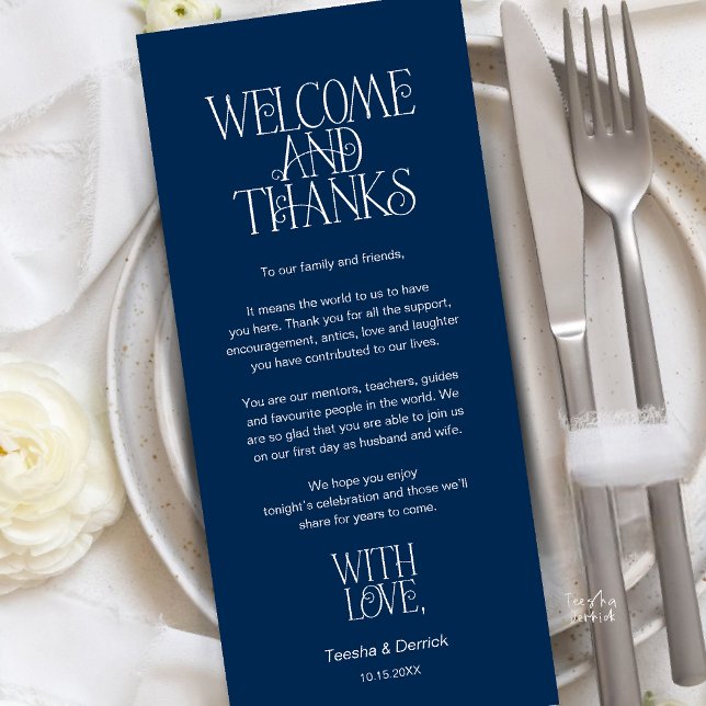 Willkommen & Danke, Platzdeckchen Danksagungskarte Programm (Welcome & Thanks, Place Setting Thank You Card in Navy Blue)