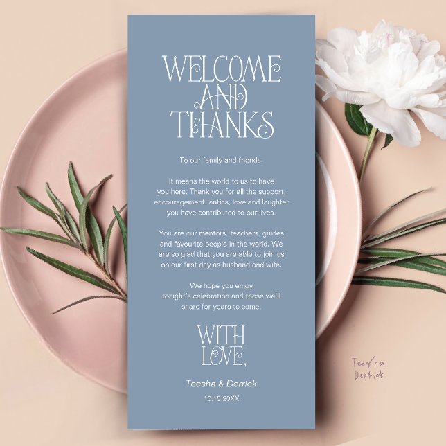 Willkommen & Danke, Platzdeckchen Danksagungskarte Programm (Welcome & Thanks, Place Setting Thank You Card in Dusty Blue)