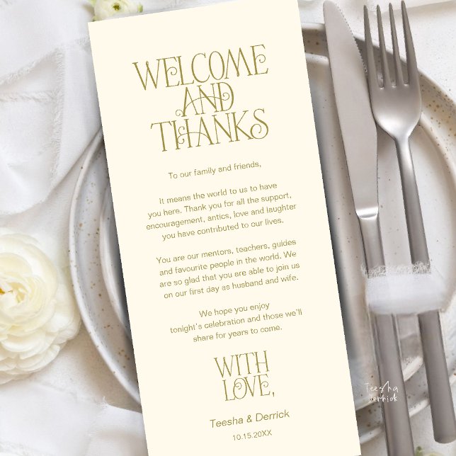 Willkommen & Danke, Platzdeckchen Danksagungskarte Programm (Welcome & Thanks, Place Setting Thank You Card in Yellow Cream Gold)