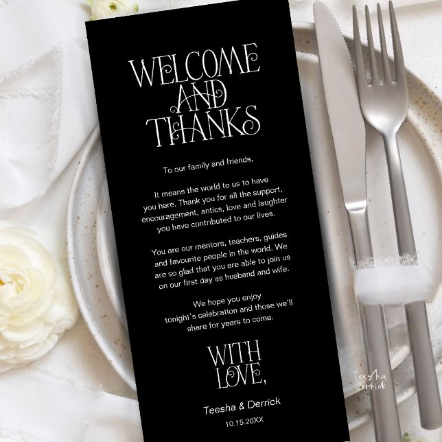 Willkommen & Danke, Tischkarten-Dankeskarten Programm (Welcome & Thanks, Place Setting Thank You Card in Classy Black)