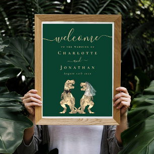 Willkommen Dinosaurier-Themen-Hochzeit Dunkelgrün Poster