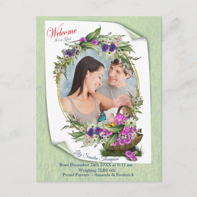 Willkommen, es ist ein Frühjahrs-Baby-Mädchen Ankündigungspostkarte (Vorderseite)