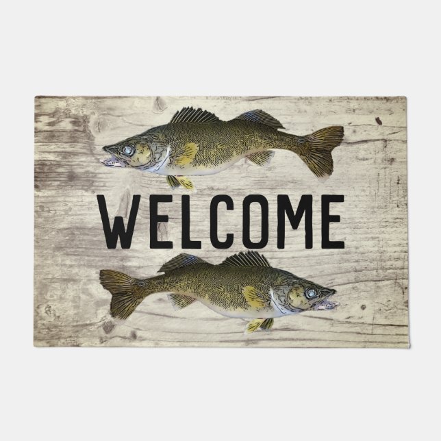 Willkommen Fischen Walleye Fish Lake Zuhause Hütte Fußmatte (Vorderseite)