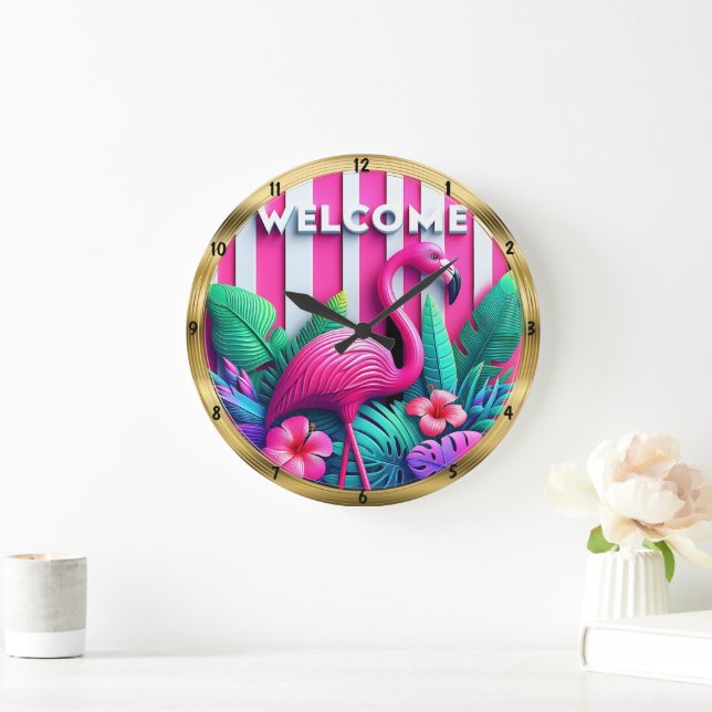 Willkommen Flamingo Tropischer Streifen Große Wanduhr (Zuhause)