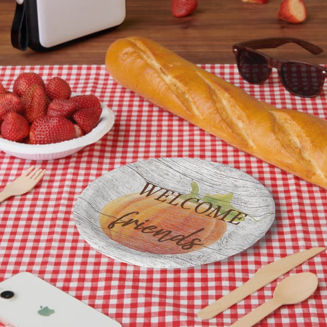 Willkommen Freunde Pumpkin auf witterten Holzplank Pappteller (Picknick)