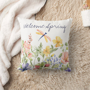 Willkommen Frühling mit Wildblumen und Libellen Kissen