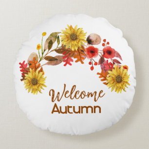 Willkommen Herbst Aquarell Blumen Girlande Saisona Rundes Kissen