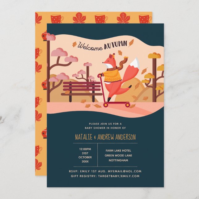 Willkommen Herbst gemütliche Fox Folk Art Babydusc Einladung (Vorne/Hinten)