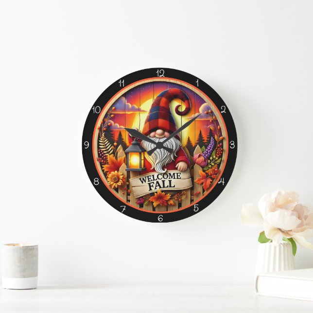 Willkommen Herbst Gnom Große Wanduhr (Zuhause)