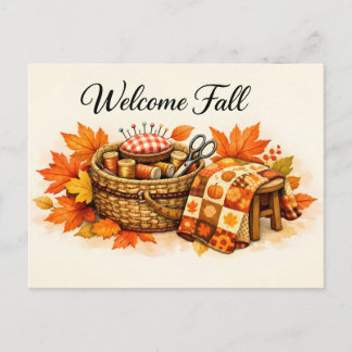 Willkommen Herbst Herbst-Strickdecke und Nähkorb Postkarte