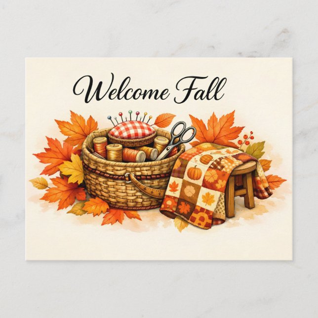 Willkommen Herbst Herbst-Strickdecke und Nähkorb  Postkarte (Vorderseite)