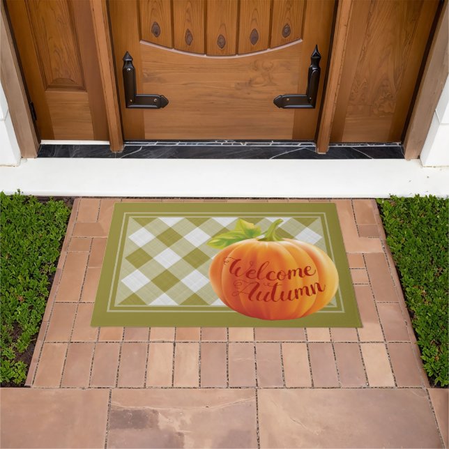 Willkommen Herbsternte Pumpkin auf Gingham Fußmatte (Außenbereich)
