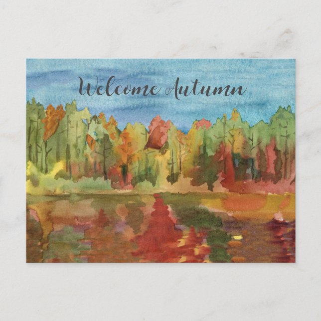 Willkommen Herbstfallbäume Aquarellmalerei Feiertagspostkarte (Vorderseite)